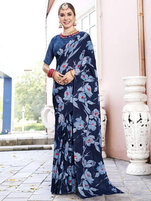 ANOUK Printed Daily Wear Georgette Saree(Blue)
