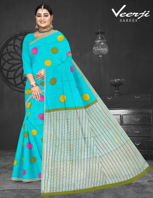Veerji Sarees Polka Print, Printed Bollywood Pure Cotton Saree(Light Blue, Light Green)