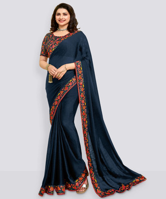 RAJESHWAR FASHION Dyed, Solid/Plain, Self Design, Digital Print Bollywood Pure Silk Saree(Blue, Multicolor)