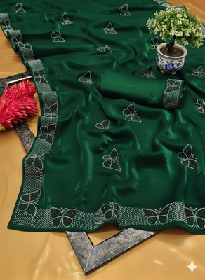 LAXMI SON FASHION Embellished, Solid/Plain Banarasi Chiffon Saree(Green)