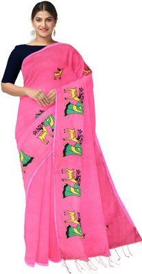 NihaRika Collections Embroidered Handloom Cotton Blend Saree(Pink)