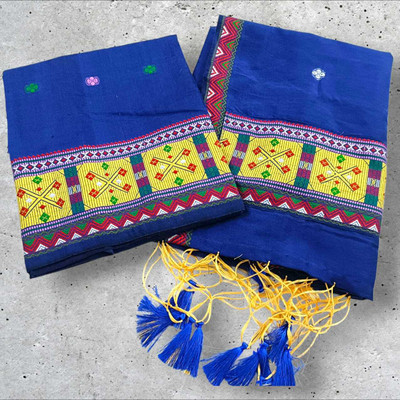 The FabLab Woven Mekhela Chador Cotton Blend Saree(Blue)