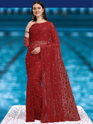 SwiftStyle Solid/Plain Bollywood Net Saree(Maroon)