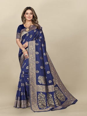 Hinayat Fashion Woven, Embellished, Embroidered, Printed, Self Design Kanjivaram Pure Silk, Art Silk Saree(Dark Blue)