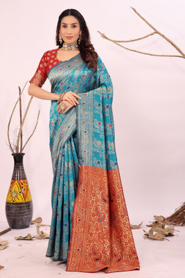 Saadhvi Woven Banarasi Pure Silk Saree(Light Blue)