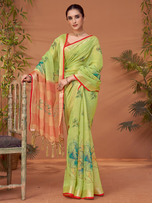Tasrika Printed Hand Batik Linen Saree(Light Green)