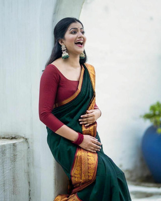 Juhi Collection Solid/Plain Kanjivaram Cotton Blend Saree(Dark Green)