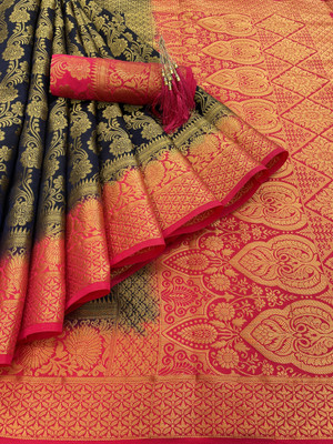 GajGajra Self Design Kasavu Silk Blend Saree(Dark Blue, Pink)