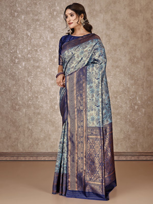 fFASHION Embellished, Solid/Plain, Striped, Temple Border, Floral Print, Dyed, Woven Banarasi Art Silk, Cotton Silk Saree(Blue)