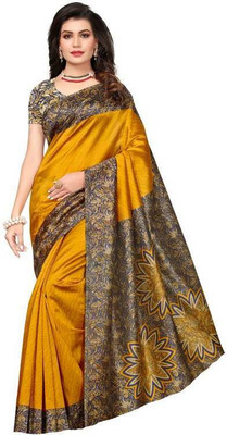Anugrah Textile Solid/Plain Banarasi Lycra Blend, Chiffon Saree(Yellow)
