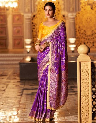 Samah Self Design, Woven, Embellished Banarasi Silk Blend Saree(Purple, Gold, Multicolor)