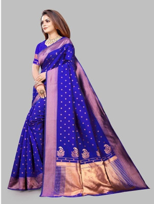 Hinayat Fashion Self Design, Printed, Embroidered, Embellished, Woven Kanjivaram Cotton Silk, Silk Blend Saree(Blue)