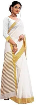 God Shiva Solid/Plain, Printed Kasavu Cotton Blend Saree(Multicolor)