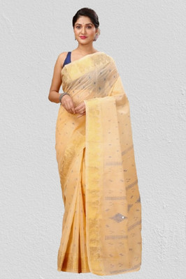 Priyongboda Woven Jamdani Handloom Cotton Blend Saree(Beige)