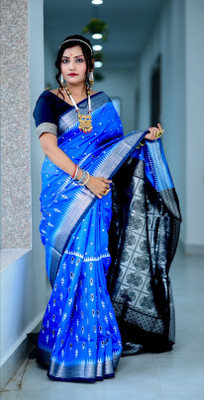 HouseOfCommon Embroidered Sambalpuri Satin Saree(Light Blue)