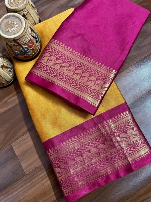 Juhi Collection Woven, Solid/Plain Kanjivaram Art Silk, Cotton Silk Saree(Cream)