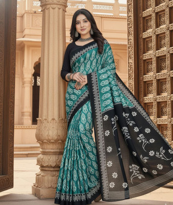 kewra Floral Print Daily Wear Cotton Blend Saree(Green)