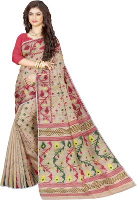 Mayabi Woven Jamdani Cotton Silk Saree(White, Red)