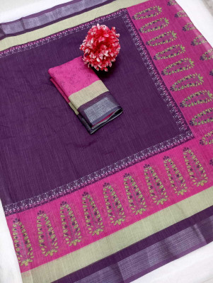 HouseOfCommon Printed Kanjivaram Linen, Cotton Linen Saree(Magenta)