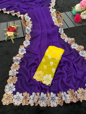 Dev Embroidered Bollywood Chiffon Saree(Purple)