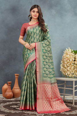Rashmi Sarees Woven Banarasi Silk Blend Saree(Green, Red)
