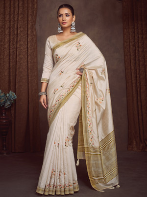ANOUK Woven Kasavu Linen Saree(Cream)