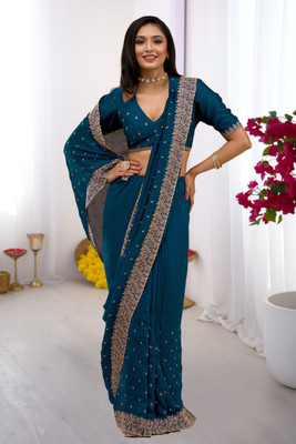 SANSKAR TEXTILE Embroidered, Embellished Bollywood Georgette Saree(Light Blue)