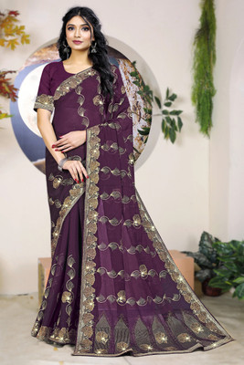 GANPATIJI FASHION Embroidered, Embellished Bollywood Georgette Saree(Purple)