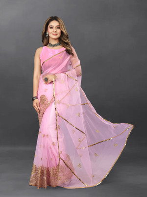 Yashakti Designer Embroidered Bollywood Net Saree(Pink)