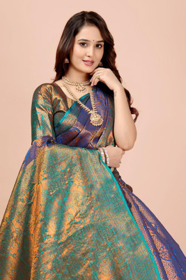 LAVYANSH CREATION Self Design, Woven Banarasi Art Silk, Jacquard Saree(Blue)