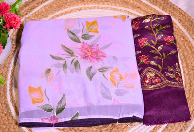 VaIdehi Floral Print, Embroidered, Embellished, Printed Bollywood Georgette Saree(Purple)