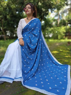 Ahana pal Self Design Bollywood Cotton Silk Saree(White, Blue)