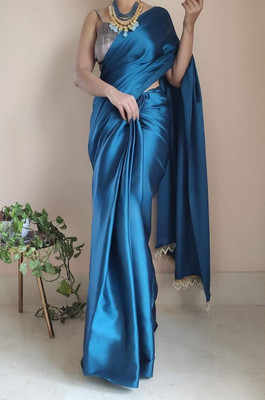 BRAHMSHAKTI Solid/Plain Bollywood Satin, Silk Blend Saree(Light Blue)