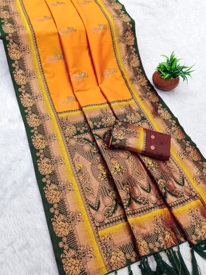 Spetila Woven Banarasi Jacquard, Pure Silk Saree(Yellow)