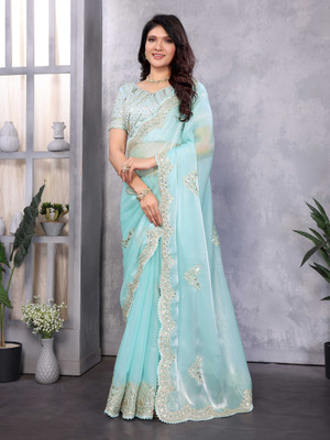 RHEY Embroidered Bollywood Chiffon Saree(Light Blue)