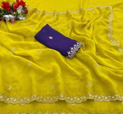 Om Swami creation Embroidered Bollywood Crepe Saree(Mustard)