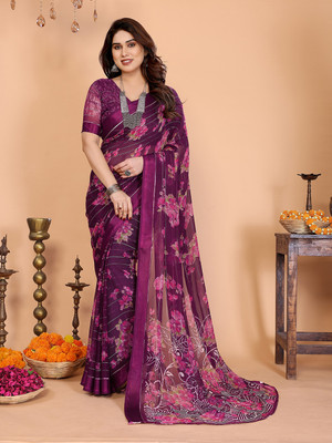 Moda Rapido Embellished, Floral Print Bollywood Georgette, Satin Saree(Magenta)