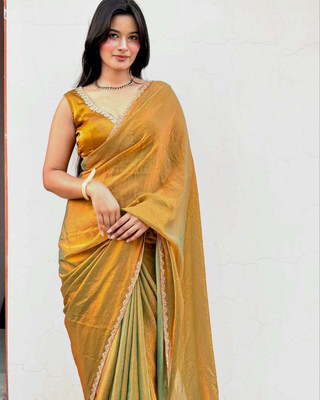 Vraggi Embroidered Bollywood Chiffon, Pure Silk Saree(Gold)