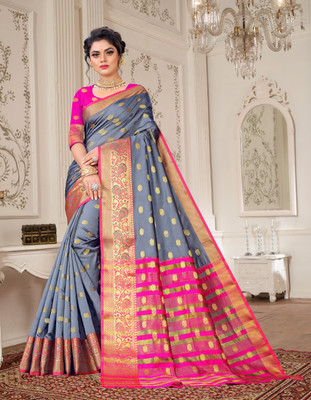 Jiyanadesigner Woven, Paisley Banarasi Jacquard, Cotton Silk Saree(Grey)
