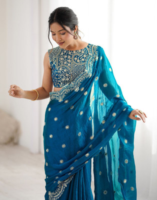 Satrani Embroidered, Embellished Bollywood Chiffon Saree(Blue)
