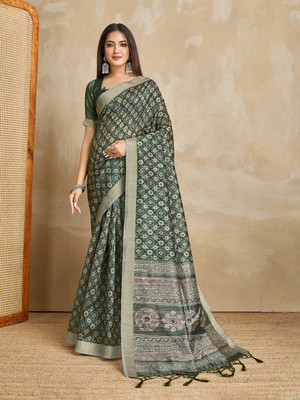 DOI MOI Printed Banarasi Silk Blend Saree(Green)