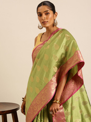 Taavi Self Design Bollywood Silk Blend Saree(Green)