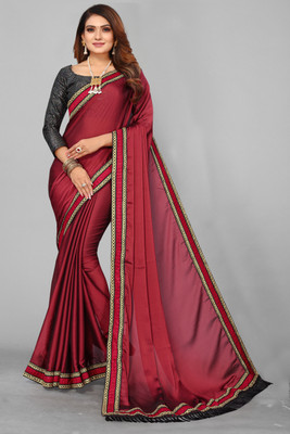 Harbhole Lace Border Self Design, Solid/Plain Bollywood Art Silk Saree(Maroon)