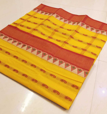 S G SAREES Printed Tant Handloom Pure Cotton Saree(Red, Yellow)