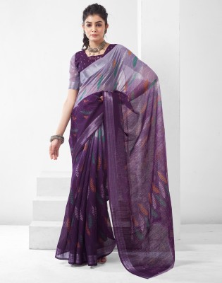 Samah Printed, Embellished, Woven Daily Wear Cotton Blend Saree(Purple)