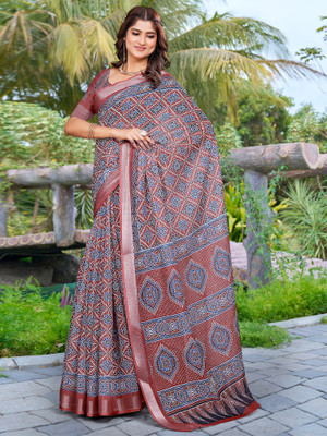 Anouk Rustic Digital Print Hand Batik Cotton Linen Saree(Brown)