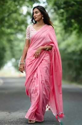 TWIRL Solid/Plain Handloom Cotton Blend Saree(Pink)