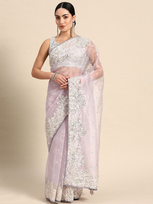 ANOUK Embellished Saree with Attached Blouse Organza Saree(Purple)