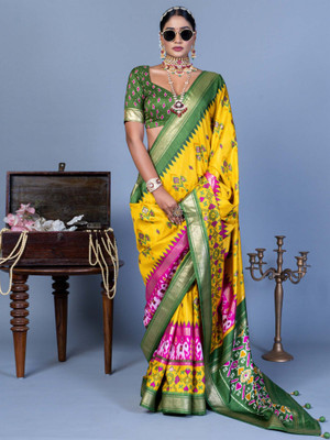 ANOUK Printed Pochampally Silk Blend Saree(Yellow)