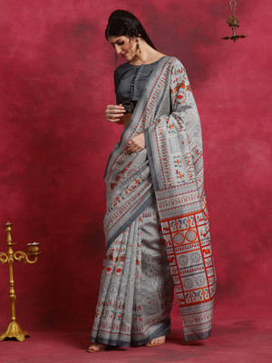 Sareemall Printed Sambalpuri Silk Blend Saree(Grey)